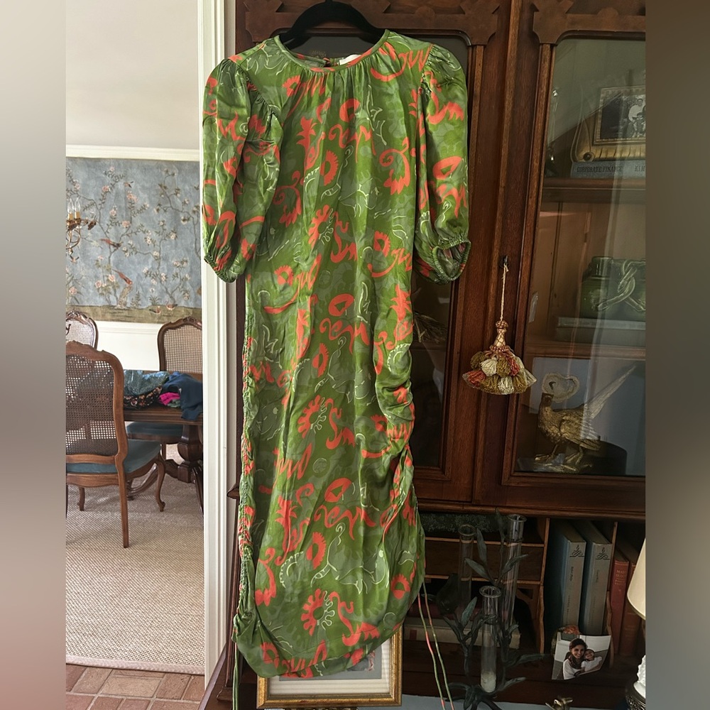 Cleobella Green and Pink slinky Dress with Ruching and ties